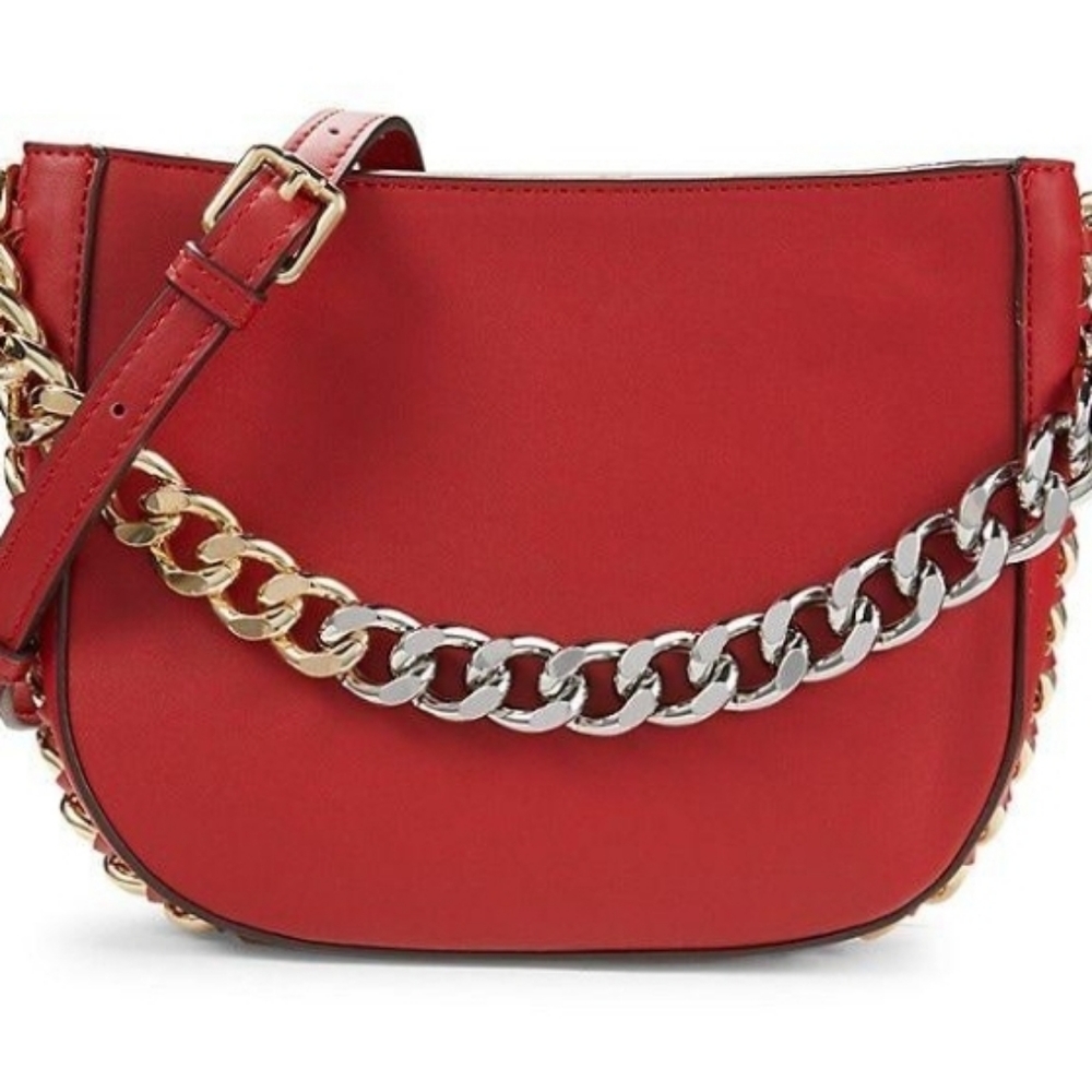 Jill & Ally NWT Red Faux Leather with Gold Chain Hardware Saddle Bag Crossbody
